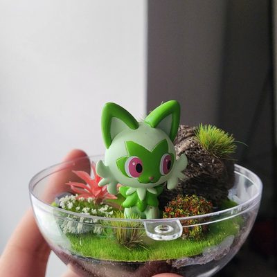 Miniature Sprigatito Diorama in a half a Pokeball